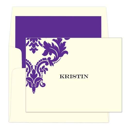 Violet Damask Scroll Foldover Note Cards